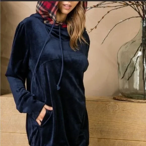 Blue Velvet Contrast Plaid Hooded Cozy Mini Dress - Picture 4 of 7
